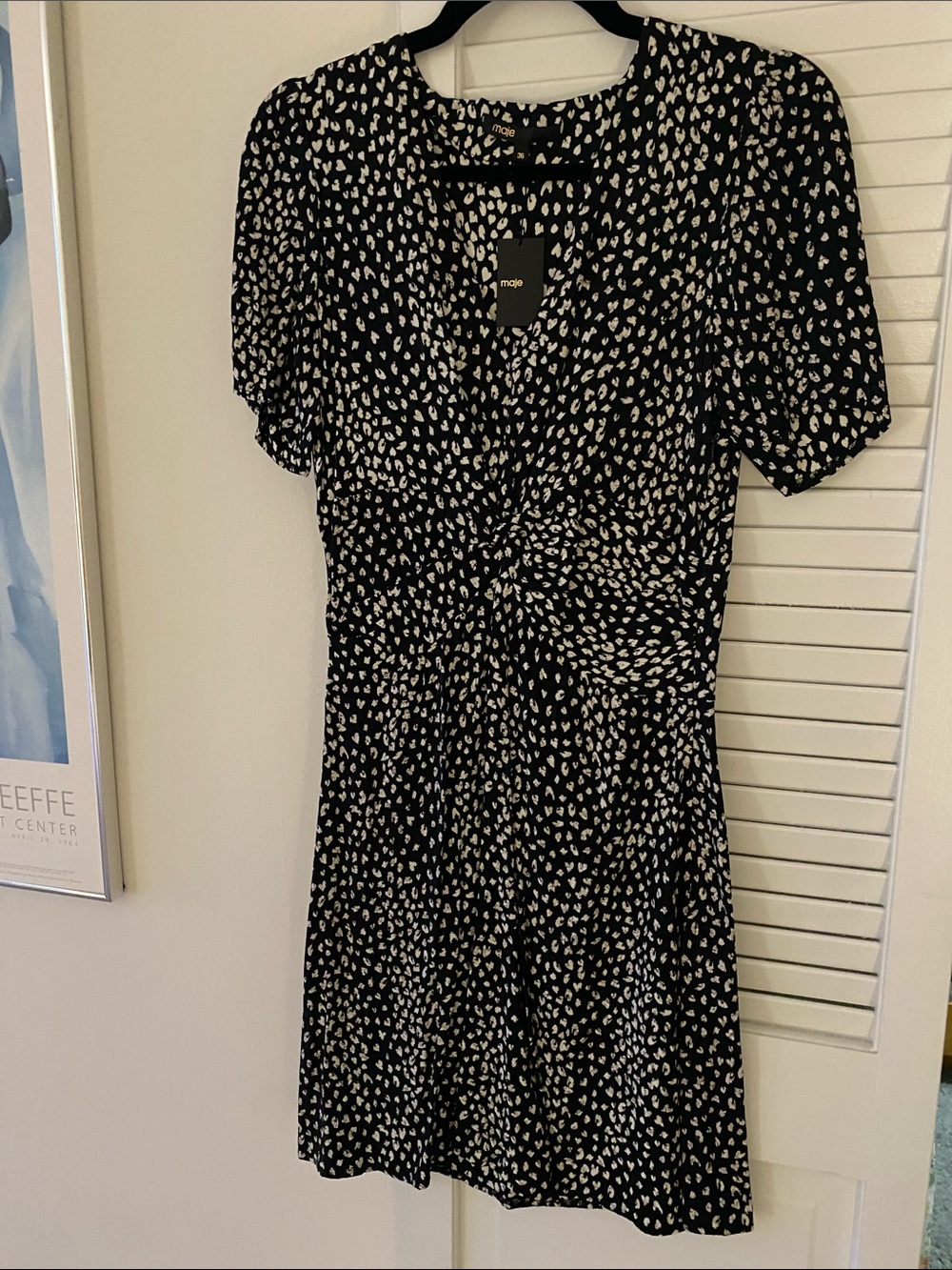 Maje Black Dress with White Abstract Spot Print